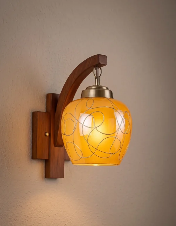 Curved Wood & Wire-Wrapped Glass Light